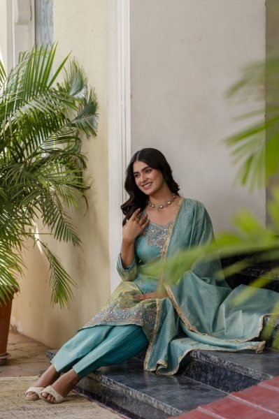 Minimalist Sky Blue Premium Silk Sindoor Satin Embroidered Kurti Set for Women Ready To Wear Collection