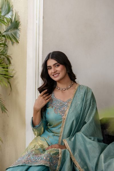 Minimalist Sky Blue Premium Silk Sindoor Satin Embroidered Kurti Set for Women Ready To Wear Collection
