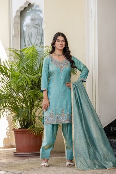 Minimalist Sky Blue Premium Silk Sindoor Satin Embroidered Kurti Set for Women Ready To Wear Collection