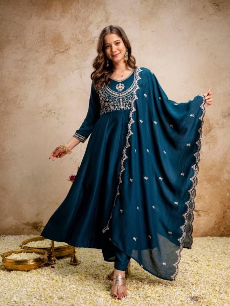 Minimalist Teal Blue Fully Stitched Heavy Vichitra Silk Kurti Set with Embroidered Dupatta 