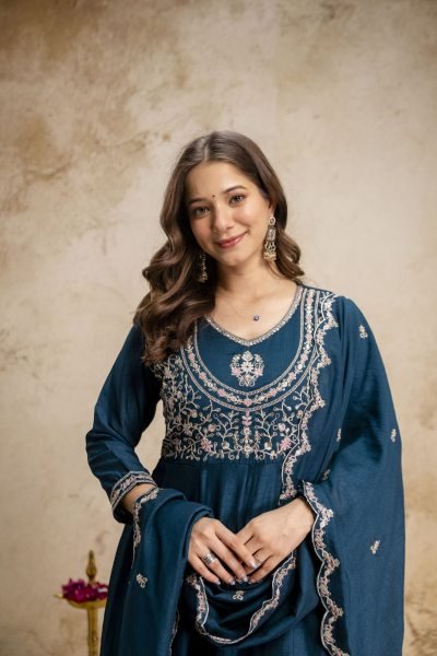 Minimalist Teal Blue Fully Stitched Heavy Vichitra Silk Kurti Set with Embroidered Dupatta Embroidery Kurtis 