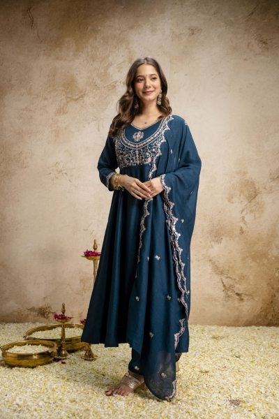Minimalist Teal Blue Fully Stitched Heavy Vichitra Silk Kurti Set with Embroidered Dupatta Embroidery Kurtis 