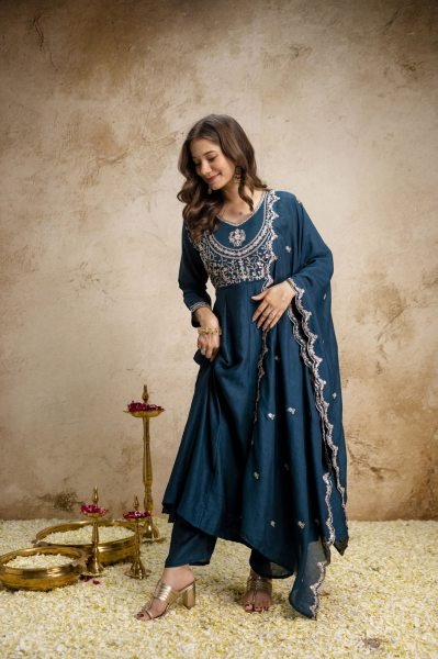 Minimalist Teal Blue Fully Stitched Heavy Vichitra Silk Kurti Set with Embroidered Dupatta Embroidery Kurtis 