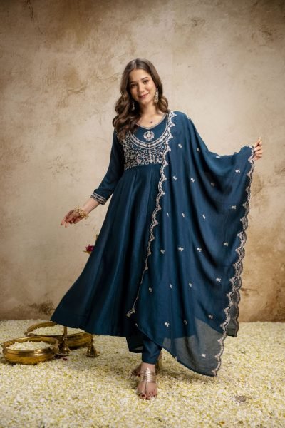 Minimalist Teal Blue Fully Stitched Heavy Vichitra Silk Kurti Set with Embroidered Dupatta Embroidery Kurtis 