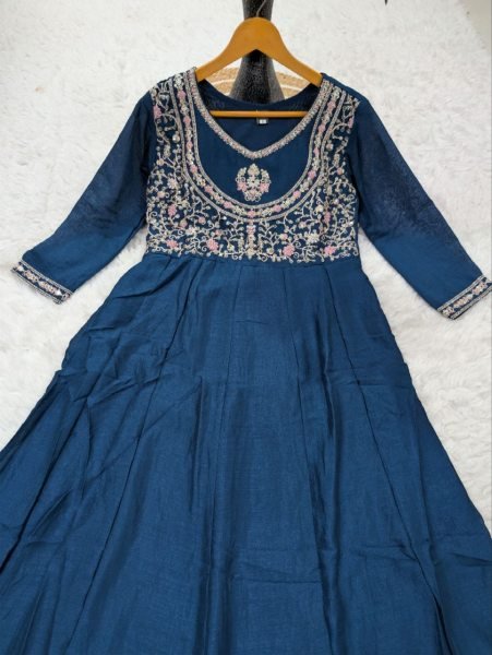 Minimalist Teal Blue Fully Stitched Heavy Vichitra Silk Kurti Set with Embroidered Dupatta Embroidery Kurtis 