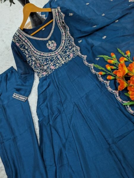 Minimalist Teal Blue Fully Stitched Heavy Vichitra Silk Kurti Set with Embroidered Dupatta Embroidery Kurtis 