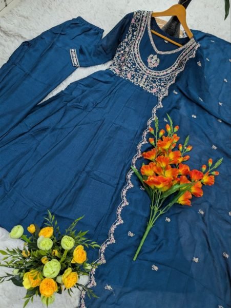 Minimalist Teal Blue Fully Stitched Heavy Vichitra Silk Kurti Set with Embroidered Dupatta Embroidery Kurtis 