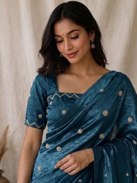 Minimalist Teal Blue Soft Designer Saree with Elegant Cutdana Detailing Sarees 
