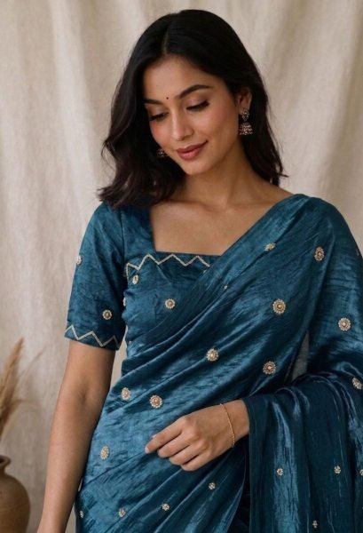 Minimalist Teal Blue Soft Designer Saree with Elegant Cutdana Detailing Silk Sarees Wholesale