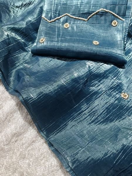 Minimalist Teal Blue Soft Designer Saree with Elegant Cutdana Detailing Silk Sarees Wholesale