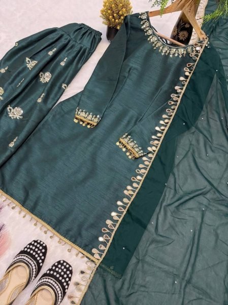Minimalist Teal Green Aada Slab Silk Farshi Salwar Suit with Dupatta Using Diamond Work  Ready To Wear Collection