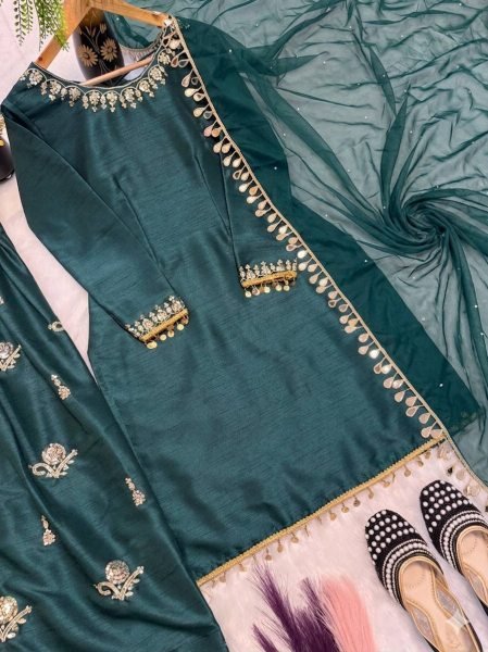 Minimalist Teal Green Aada Slab Silk Farshi Salwar Suit with Dupatta Using Diamond Work  Ready To Wear Collection