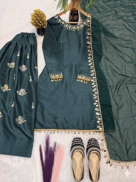 Minimalist Teal Green Aada Slab Silk Farshi Salwar Suit with Dupatta Using Diamond Work  Ready To Wear Collection