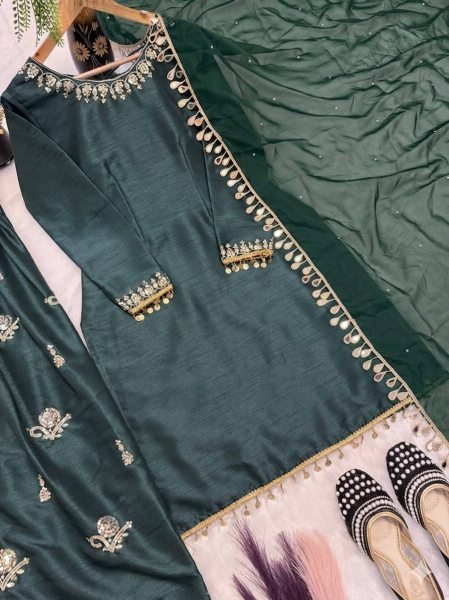 Minimalist Teal Green Aada Slab Silk Farshi Salwar Suit with Dupatta Using Diamond Work  Ready To Wear Collection