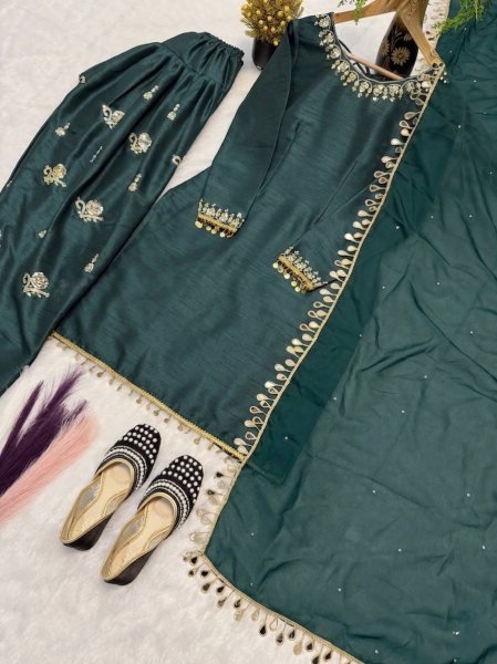 Minimalist Teal Green Aada Slab Silk Farshi Salwar Suit with Dupatta Using Diamond Work  Ready To Wear Collection