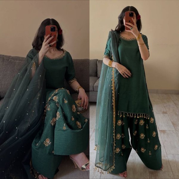 Minimalist Teal Green Aada Slab Silk Farshi Salwar Suit with Dupatta Using Diamond Work  Ready To Wear Collection