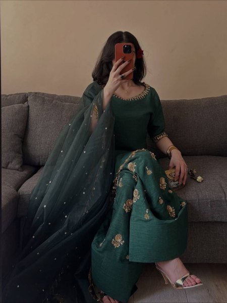 Minimalist Teal Green Aada Slab Silk Farshi Salwar Suit with Dupatta Using Diamond Work  Ready To Wear Collection