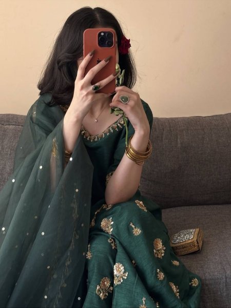 Minimalist Teal Green Aada Slab Silk Farshi Salwar Suit with Dupatta Using Diamond Work  Ready To Wear Collection