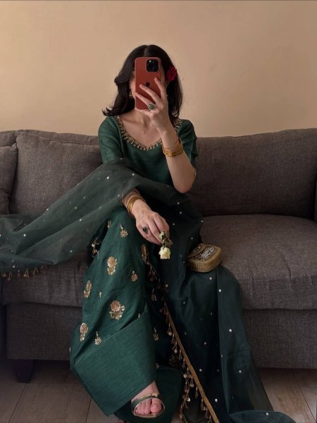 Minimalist Teal Green Aada Slab Silk Farshi Salwar Suit with Dupatta Using Diamond Work  Ready To Wear Collection