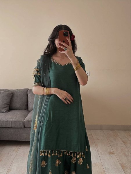 Minimalist Teal Green Aada Slab Silk Farshi Salwar Suit with Dupatta Using Diamond Work  Ready To Wear Collection