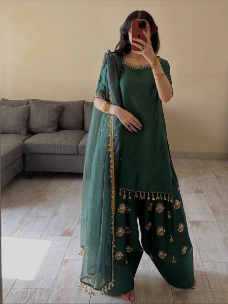 Minimalist Teal Green Aada Slab Silk Farshi Salwar Suit with Dupatta Using Diamond Work  Ready To Wear Collection
