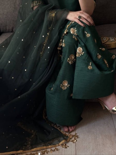 Minimalist Teal Green Aada Slab Silk Farshi Salwar Suit with Dupatta Using Diamond Work  Ready To Wear Collection