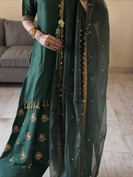Minimalist Teal Green Aada Slab Silk Farshi Salwar Suit with Dupatta Using Diamond Work  Ready To Wear Collection