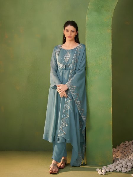 Minimalist Teal Women's Pure Organza Ethnic Wear Round Kurti With Matching Pant Set  