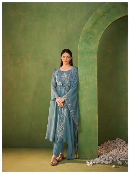 Minimalist Teal Women's Pure Organza Ethnic Wear Round Kurti With Matching Pant Set  Embroidery Suits Wholesale