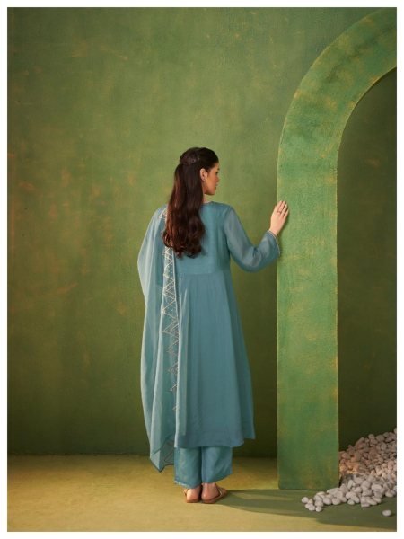 Minimalist Teal Women's Pure Organza Ethnic Wear Round Kurti With Matching Pant Set  Embroidery Suits Wholesale