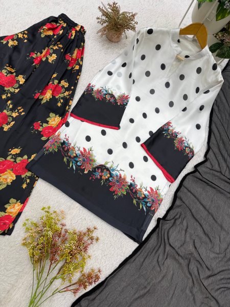 Minimalist White Black Printed Satin Georgette Salwar Suit with Nazmin Dupatta  Ready To Wear Collection