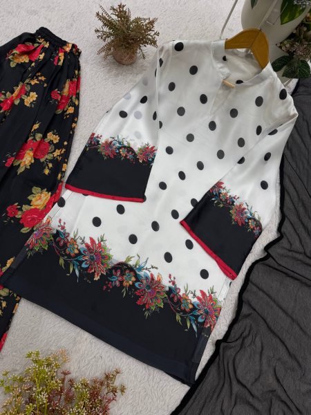 Minimalist White Black Printed Satin Georgette Salwar Suit with Nazmin Dupatta  Ready To Wear Collection