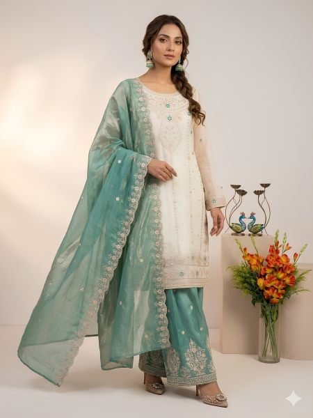 Minimalist White Designer Fendy Silk Palazzo Suit Set with Heavy Embroidery and Pearl Moti Work Ready To Wear Suit