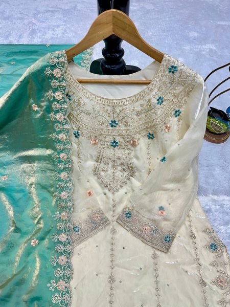 Minimalist White Designer Fendy Silk Palazzo Suit Set with Heavy Embroidery and Pearl Moti Work Ready To Wear Collection