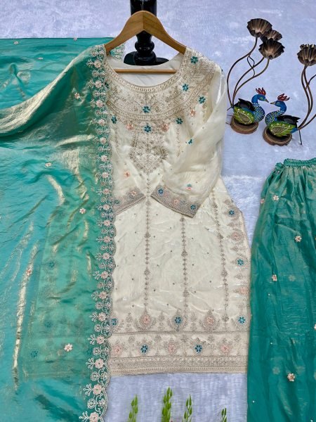 Minimalist White Designer Fendy Silk Palazzo Suit Set with Heavy Embroidery and Pearl Moti Work Ready To Wear Collection