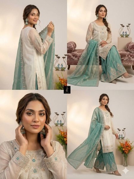 Minimalist White Designer Fendy Silk Palazzo Suit Set with Heavy Embroidery and Pearl Moti Work Ready To Wear Collection