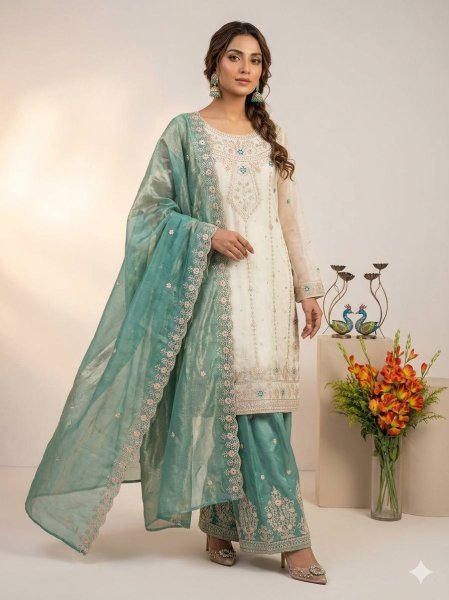 Minimalist White Designer Fendy Silk Palazzo Suit Set with Heavy Embroidery and Pearl Moti Work Ready To Wear Collection