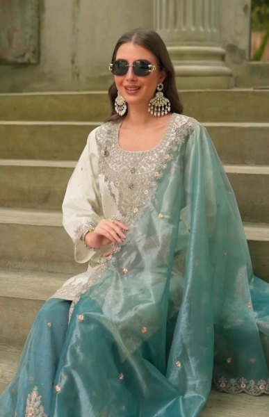 Minimalist White Designer Fendy Silk Palazzo Suit Set with Heavy Embroidery and Pearl Moti Work Ready To Wear Collection