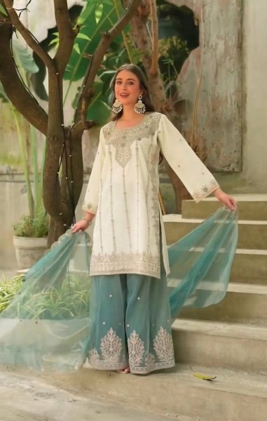 Minimalist White Designer Fendy Silk Palazzo Suit Set with Heavy Embroidery and Pearl Moti Work Ready To Wear Collection