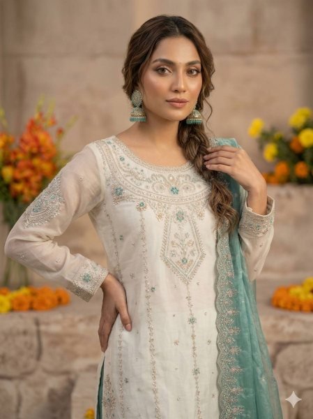 Minimalist White Designer Fendy Silk Palazzo Suit Set with Heavy Embroidery and Pearl Moti Work Ready To Wear Collection