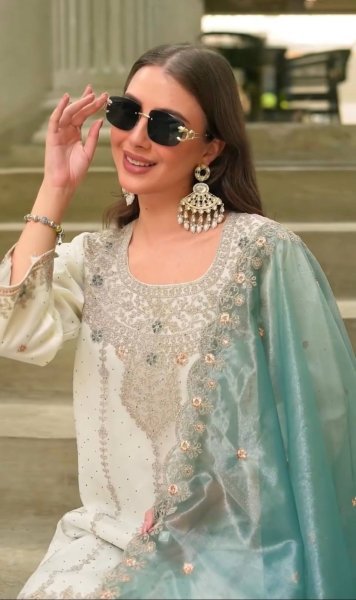 Minimalist White Designer Fendy Silk Palazzo Suit Set with Heavy Embroidery and Pearl Moti Work Ready To Wear Collection