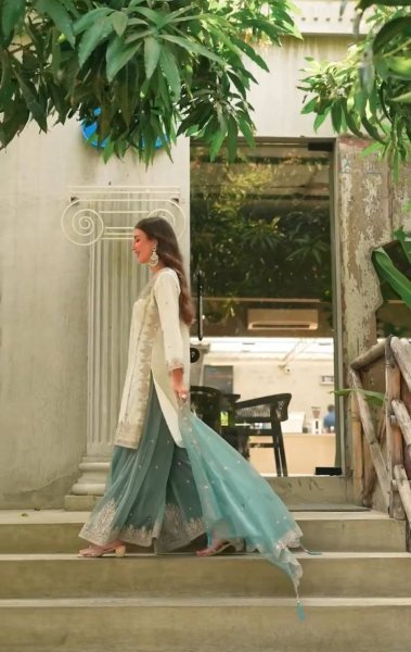 Minimalist White Designer Fendy Silk Palazzo Suit Set with Heavy Embroidery and Pearl Moti Work Ready To Wear Collection