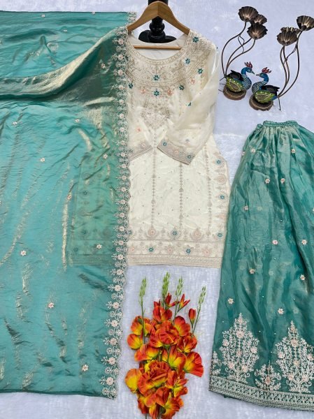 Minimalist White Designer Fendy Silk Palazzo Suit Set with Heavy Embroidery and Pearl Moti Work Ready To Wear Collection