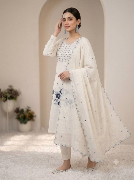 Minimalist White Designer Roman Top with Micro Inner and Embroidered Dupatta at Wholesale Rate Ready To Wear Collection