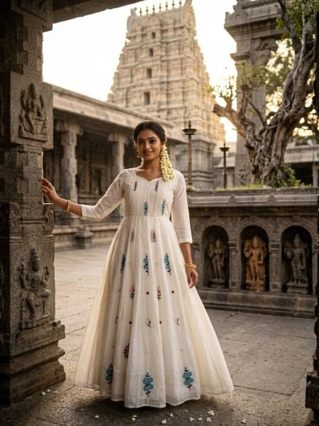 Minimalist White Mull Cotton Ethnic Gown with Micro Cotton Lining At Wholesale 