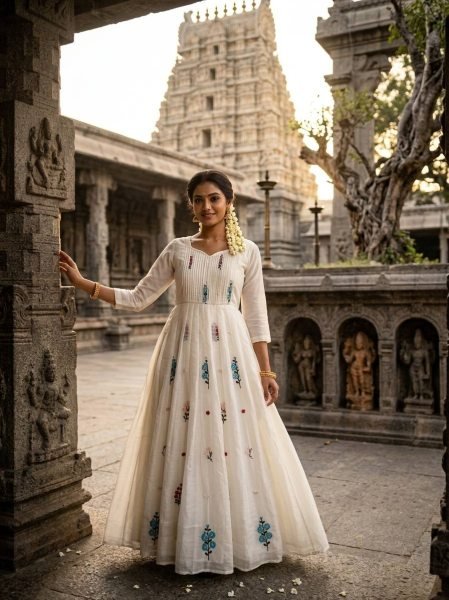 Minimalist White Mull Cotton Ethnic Gown with Micro Cotton Lining At Wholesale Anarkali Kurtis 