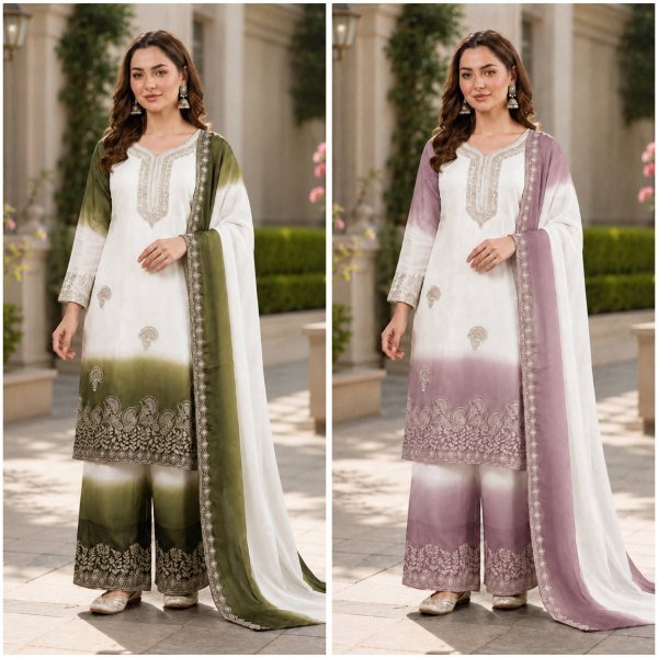 Minimalist White Purple Premium Georgette Kurti Plazzo Dupatta Collection Ready To Wear Collection