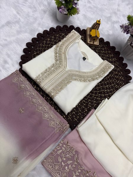 Minimalist White Purple Premium Georgette Kurti Plazzo Dupatta Collection Ready To Wear Collection