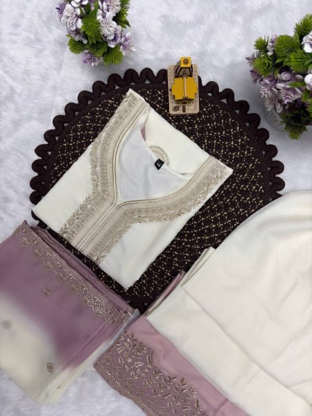 Minimalist White Purple Premium Georgette Kurti Plazzo Dupatta Collection Ready To Wear Collection