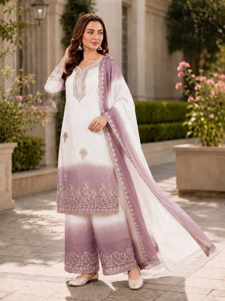 Minimalist White Purple Premium Georgette Kurti Plazzo Dupatta Collection Ready To Wear Collection